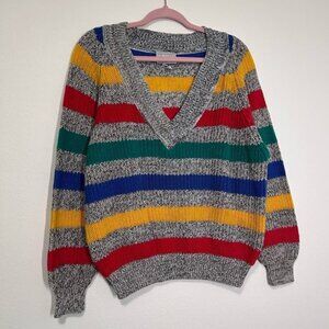 Vintage 90s Venezia Funky Primary Colors Rainbow Striped V-Neck Sweater